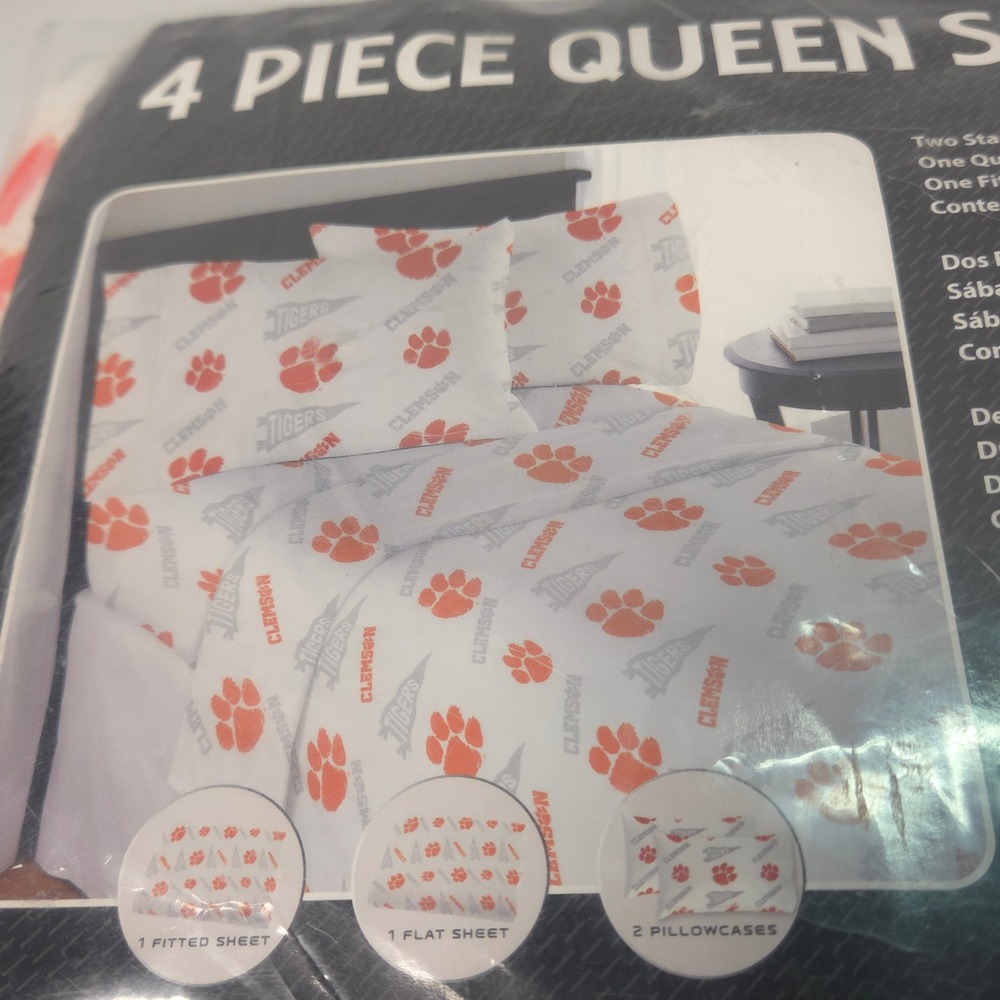 Clemson Tigers NCAA 4 Piece Queen Sheet Set The Northwest Group Orange White